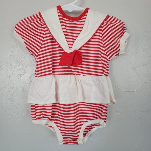 Little Me Vintage Baby Girl 12 Months Sailor Outfit Red White Striped One Piece - Picture 1 of 9